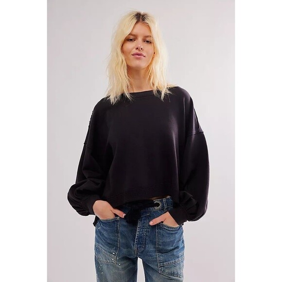 Free People Trish Sweatshirt Top Oversized Slouchy Solid Ribbed Cotton M 283712 - Picture 1 of 9